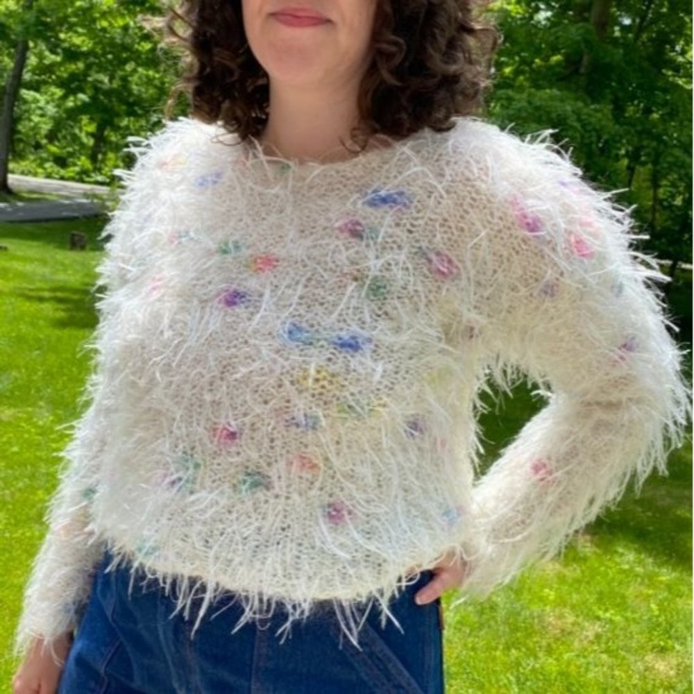 ❌SOLD❌90s Y2K White Fuzzy Rainbow Abstract Dot Crop Sweater by PSE California